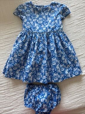 Ralph Lauren Floral Girls 2 Pc Dress, Bloomer Set - RoyalWhite, Size 9 months